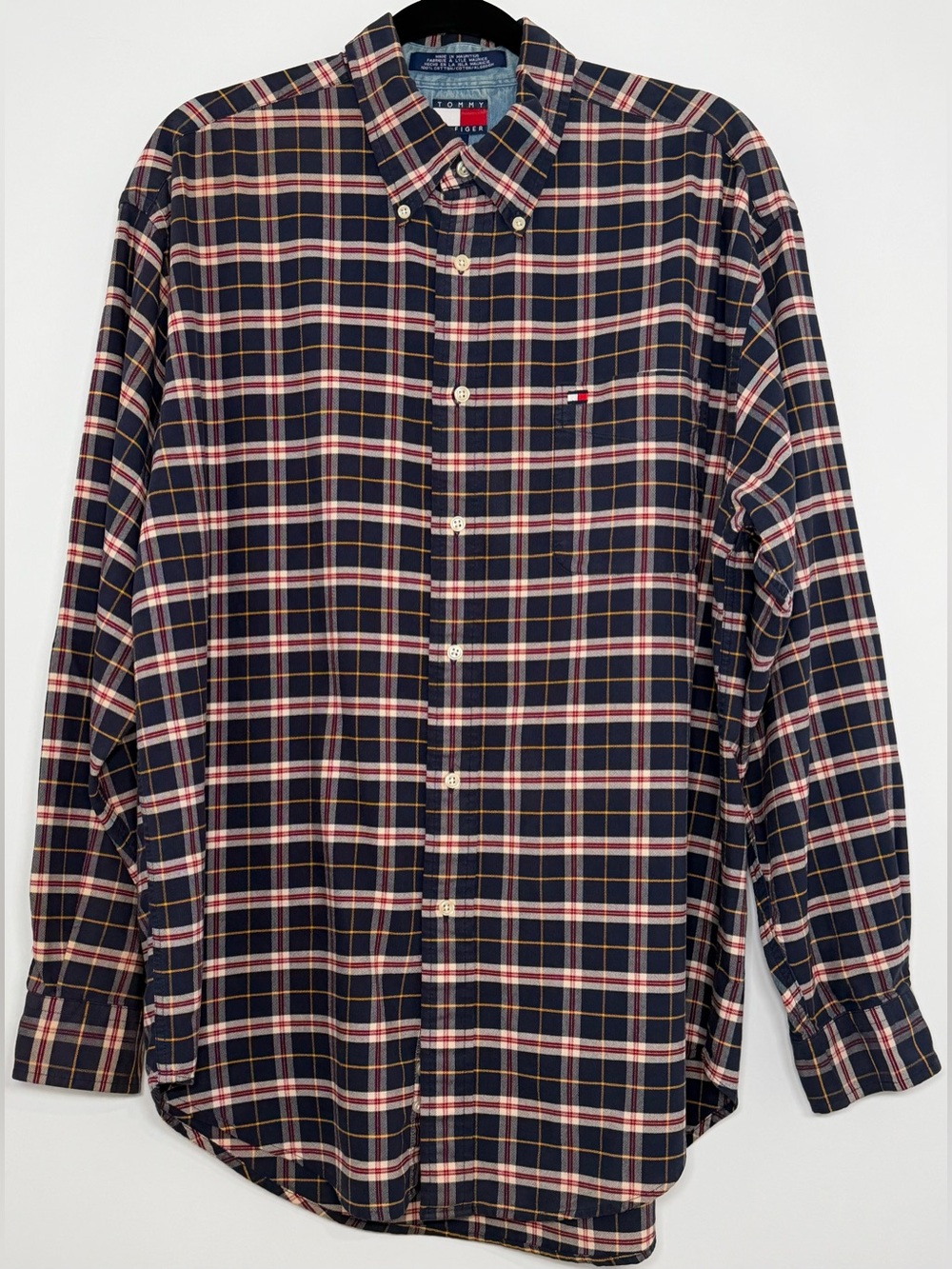 Vintage 1999 Tommy Hilfiger Men's L Plaid Button Down Shirt Flag Logo - Picture 2 of 14